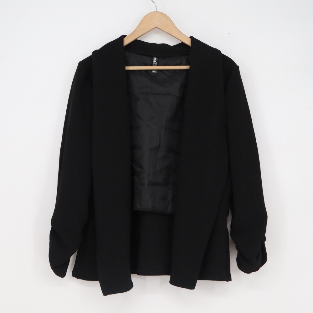 Lock and Love Womens XXL Black Open Front Draped Blazer Ruched 3/4 Sleeve